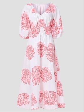 NWT Marie Oliver Ava V-Neck Maxi Dress in White with Coral Floral Print Large